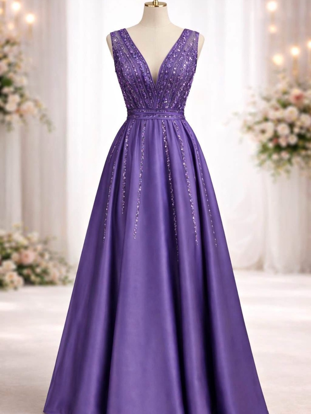 Sleeveless V-Neck Purple A-Line Evening Dress